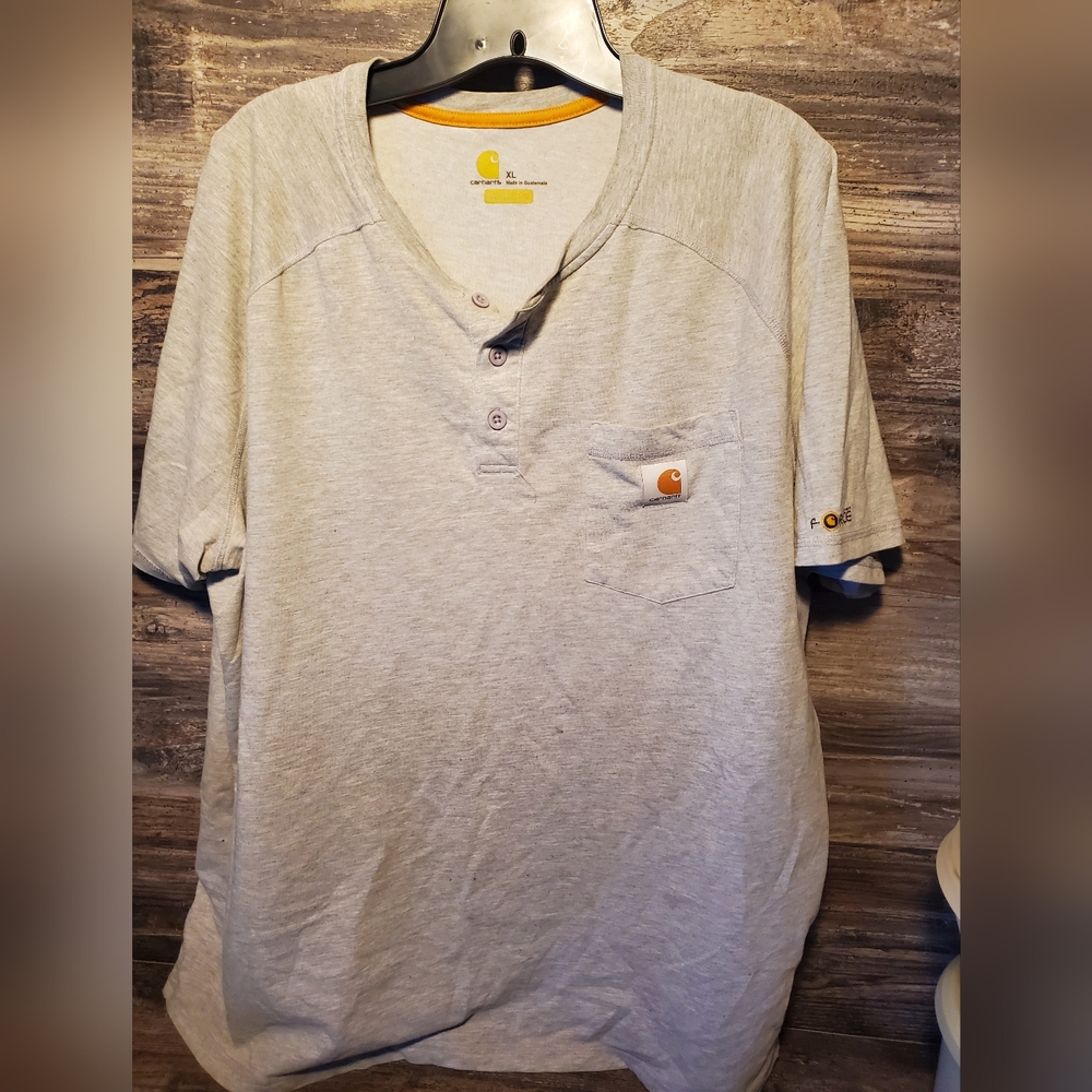 Men's Carhartt Gray Logo Pocket Henley T-Shirt XL Relaxed Poly‎ Blend Distressed